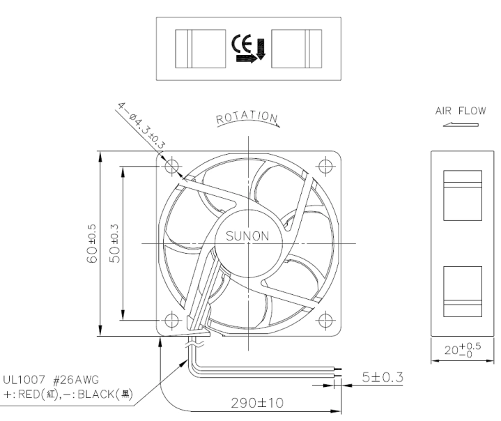 Габаритные размеры вентилятора EE60201S1-1000U-999 Sunon Габаритные размеры вентилятора EE60201S1-1000U-999 Sunon