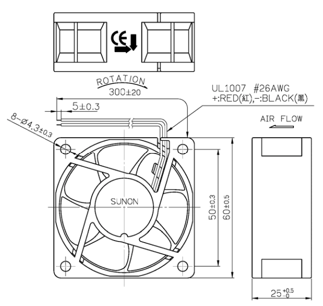 Габаритные размеры вентилятора EE60251B1-000U-A99 Sunon Габаритные размеры вентилятора EE60251B1-000U-A99 Sunon