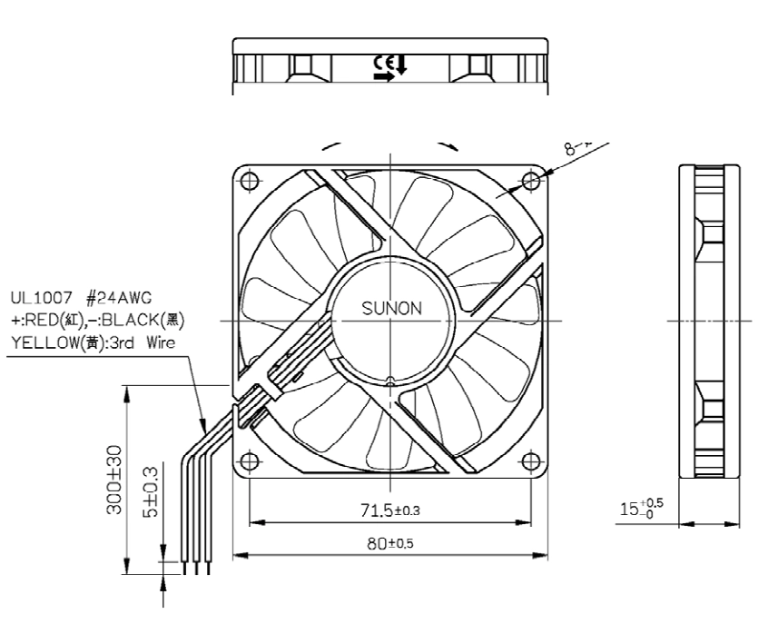 Габаритные размеры вентилятора EE80151S1-000U-G99 Sunon