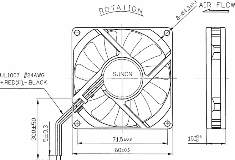 Габаритные размеры вентилятора EE80151S1-A99 Sunon