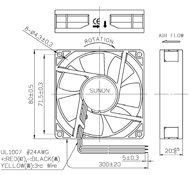Габаритные размеры вентилятора EE8020S1-000-G99 Sunon Габаритные размеры вентилятора EE8020S1-000-G99 Sunon