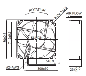 Габаритные размеры вентилятора EE80251S3-000U-999 Sunon