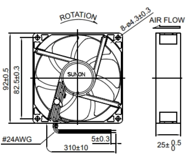 Габаритные размеры Sunon EE92251S1-A99 Габаритные размеры Sunon EE92251S1-A99