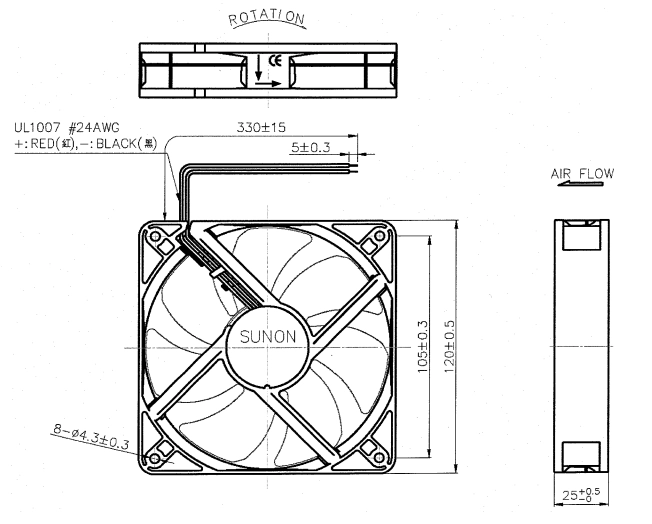 Габаритные размеры Sunon EEC0252B1-000U-F99 Габаритные размеры Sunon EEC0252B1-000U-F99