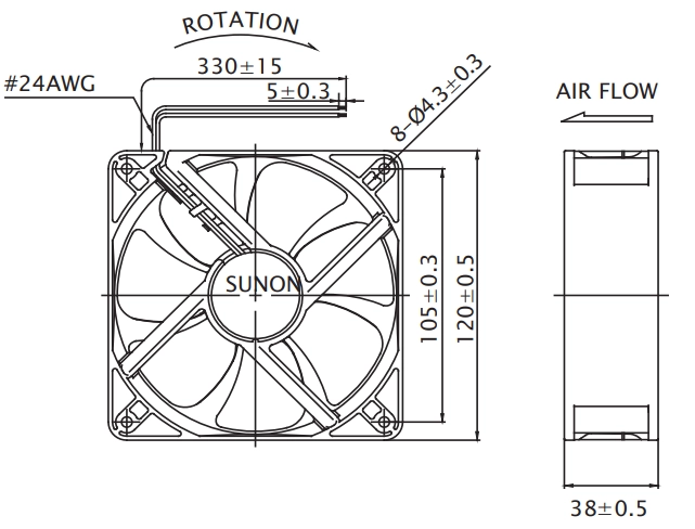 Габаритные размеры Sunon EEC0382B1-000C-A99 Габаритные размеры Sunon EEC0382B1-000C-A99