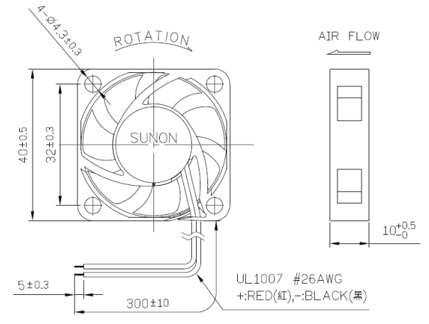 Габаритные размеры Sunon EF40102B3-1Q01U-FA9 Габаритные размеры Sunon EF40102B3-1Q01U-FA9