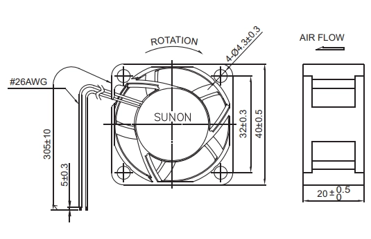 Габаритные размеры вентилятора EF40201B2-000U-A99 Sunon