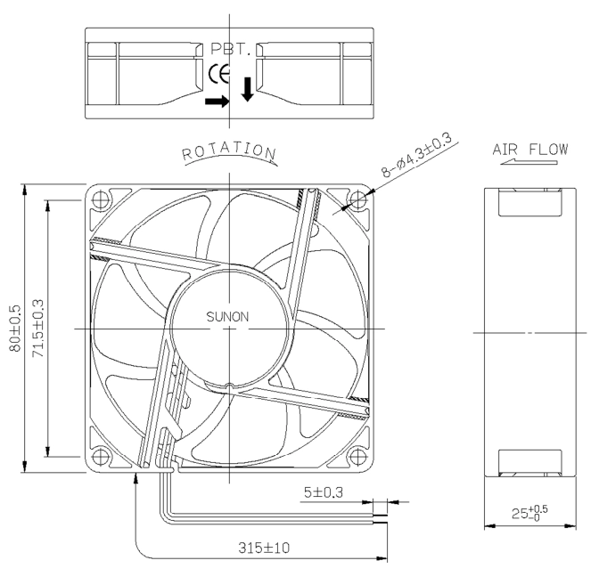 Габаритные размеры вентилятора EF80251B3-A99-A Sunon