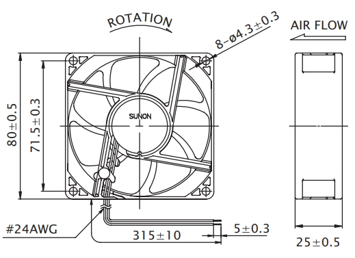 Габаритные размеры Sunon EF80252S2-A99 Габаритные размеры Sunon EF80252S2-A99