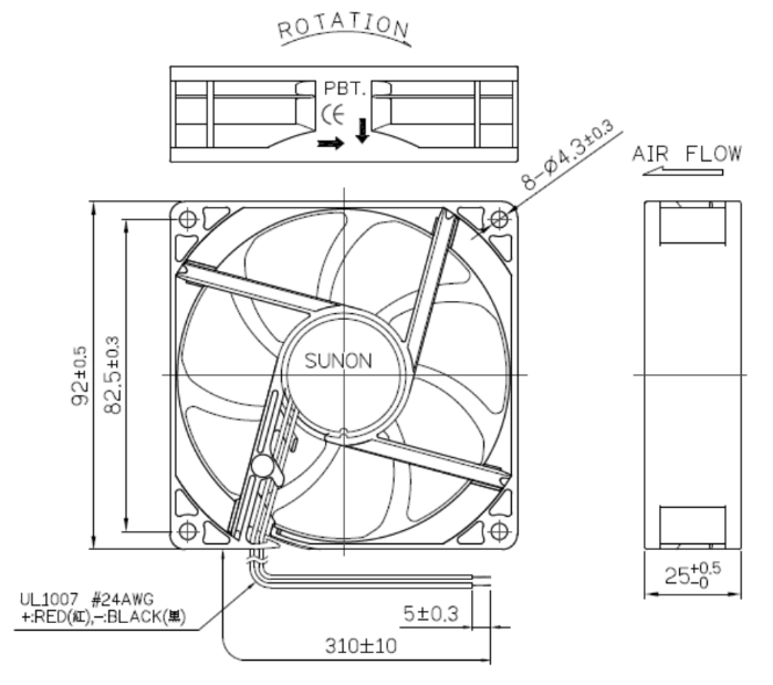 Габаритные размеры Sunon EF92251S3-1Q030-F99 Габаритные размеры Sunon EF92251S3-1Q030-F99