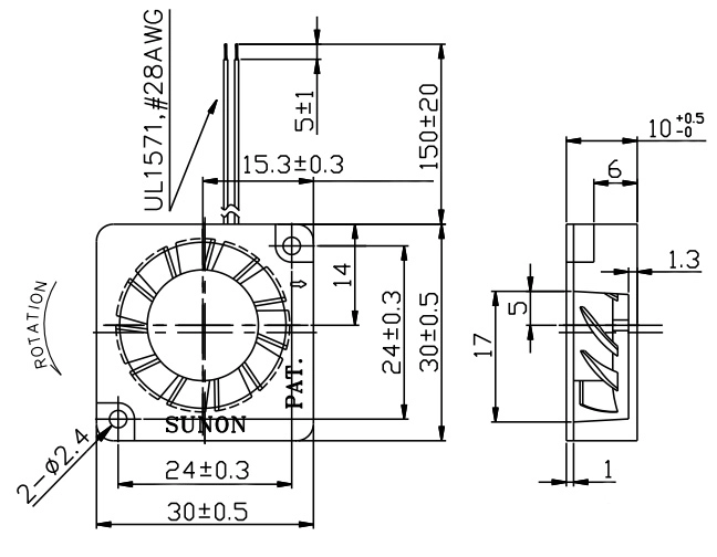 Габаритные размеры вентилятора GB0503PFB1-B Sunon
