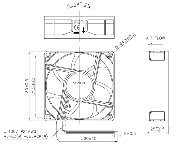 Габаритные размеры Sunon GE80252B1-AC9 Габаритные размеры Sunon GE80252B1-AC9