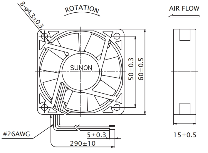 Габаритные размеры Sunon GF60151B6-1E00U-AE9 Габаритные размеры Sunon GF60151B6-1E00U-AE9