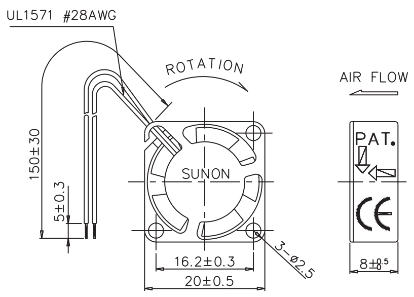 Габаритные размеры вентилятора GM0501PDB1-8 Sunon