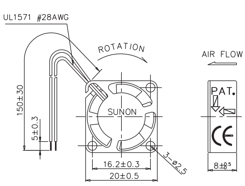 Габаритные размеры вентилятора GM0501PDV2-8 Sunon