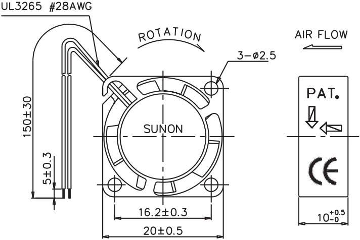 Габаритные размеры вентилятора GM0501PFB3-8 Sunon