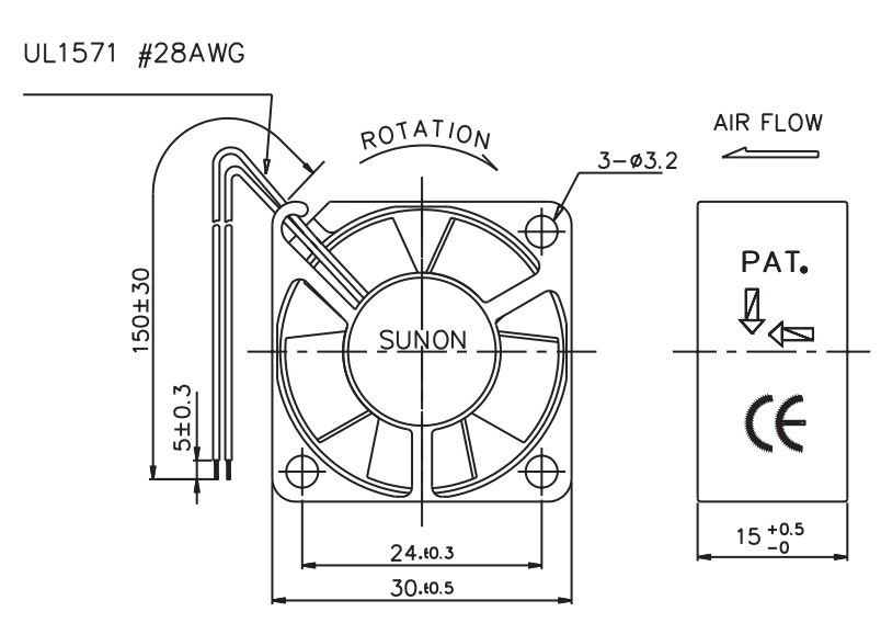 Габаритные размеры вентилятора GM0503PHB3-8 Sunon