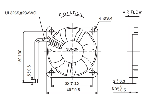 Габаритные размеры вентилятора GM0504PEV1-8 Sunon