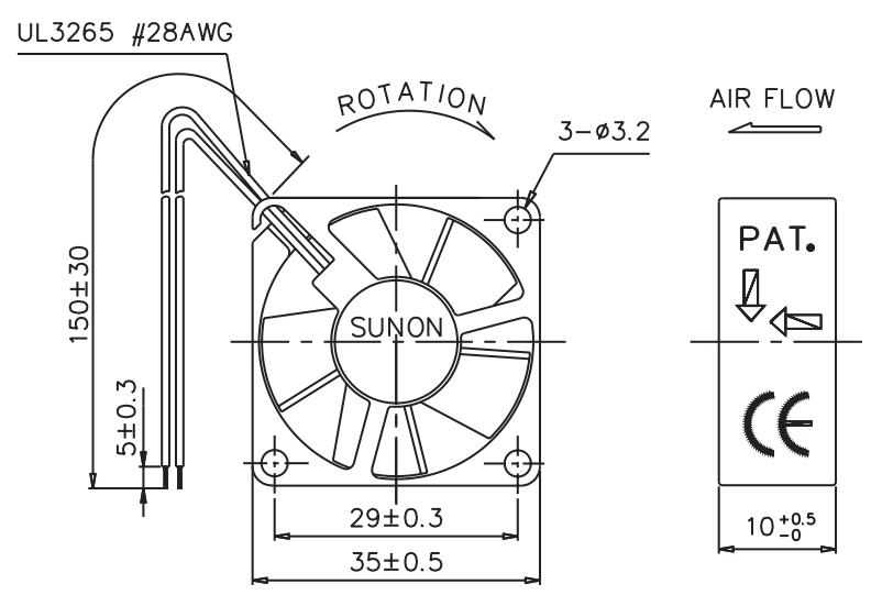 Габаритные размеры вентилятора GM0535PFVX-8 Sunon