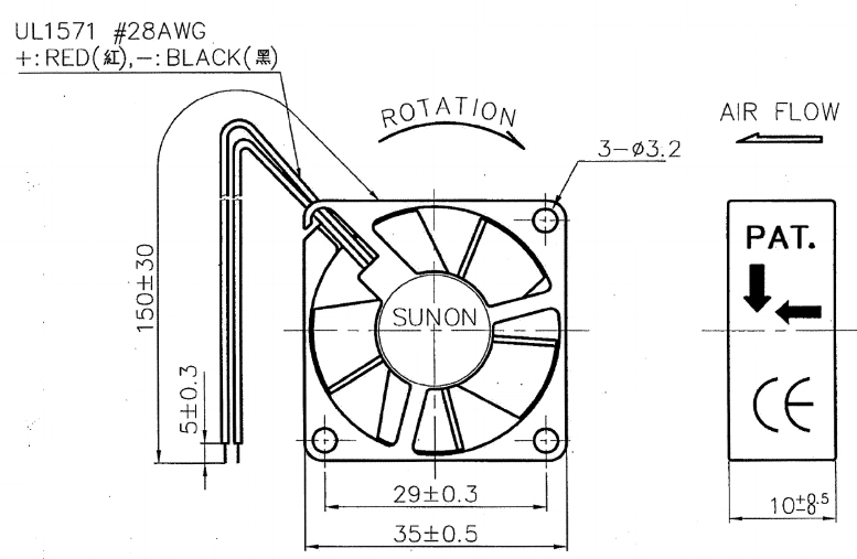 Габаритные размеры Sunon GM1235PFV2-8 Габаритные размеры Sunon GM1235PFV2-8
