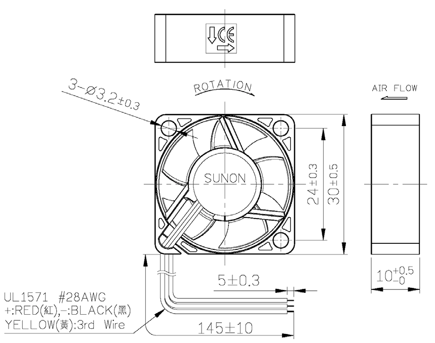 Габаритные размеры Sunon HA30101V3-1000U-G99 Габаритные размеры Sunon HA30101V3-1000U-G99