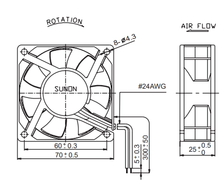 Габаритные размеры вентилятора KD1207PTB1 Sunon