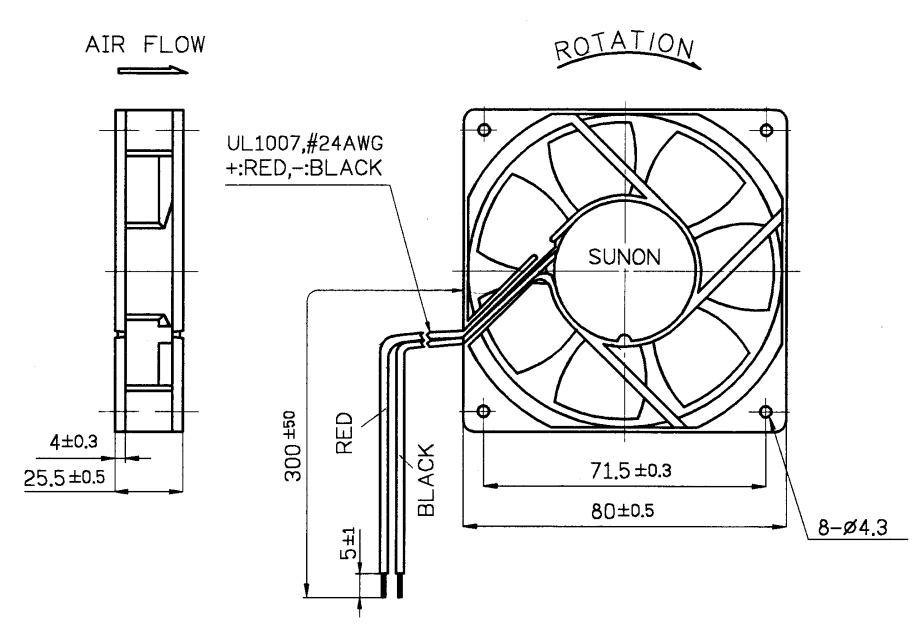 Габаритные размеры вентилятора KD1208PTB1 Sunon