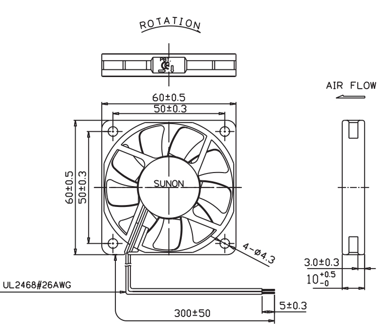 Габаритные размеры вентилятора KDE1206PFB2 Sunon Габаритные размеры вентилятора KDE1206PFB2 Sunon