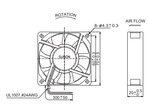 Габаритные размеры вентилятора KDE1207PKV1 Sunon