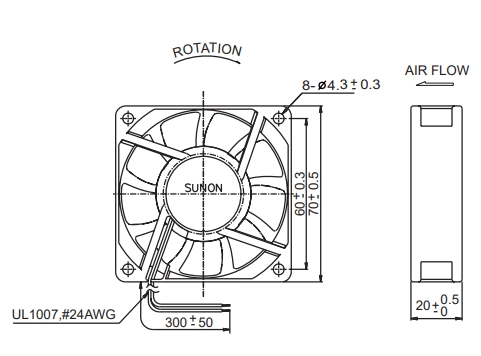 Габаритные размеры вентилятора KDE1207PKV3 Sunon