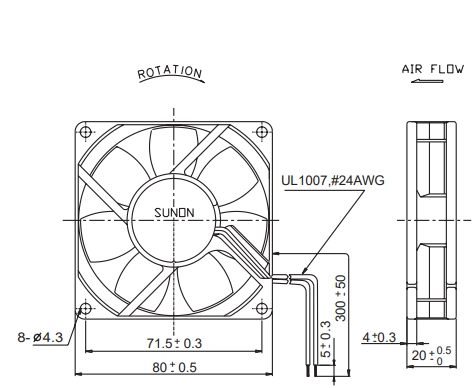Габаритные размеры вентилятора KDE1208PKV2 Sunon