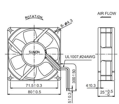 Габаритные размеры вентилятора KDE1208PTB3 Sunon