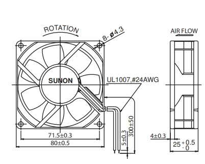 Габаритные размеры вентилятора KDE1208PTV1 Sunon