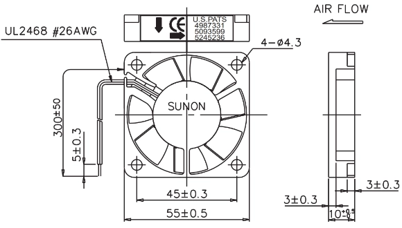 Габаритные размеры вентилятора KDE1255PFB2 Sunon