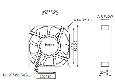 Габаритные размеры вентилятора KDE2407PKV1 Sunon