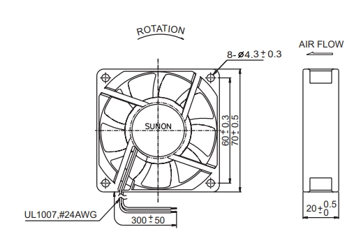 Габаритные размеры вентилятора KDE2407PKV2 Sunon