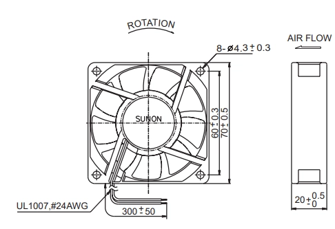 Габаритные размеры вентилятора KDE2407PKV3 Sunon