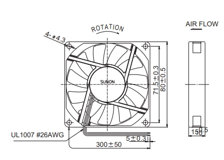 Габаритные размеры вентилятора KDE2408PHV3 Sunon
