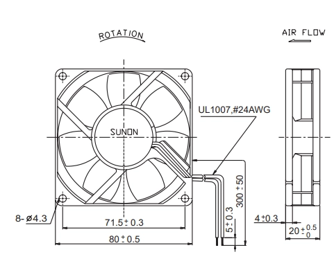 Габаритные размеры вентилятора KDE2408PKV2 Sunon