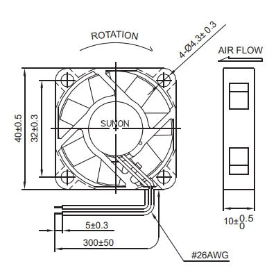 Габаритные размеры вентилятора MB40101V2-000U-A99 Sunon