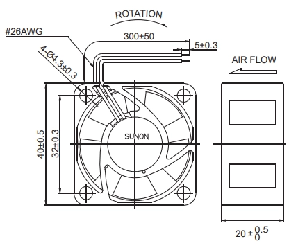 Габаритные размеры вентилятора MB40200V1-000U-A99 Sunon