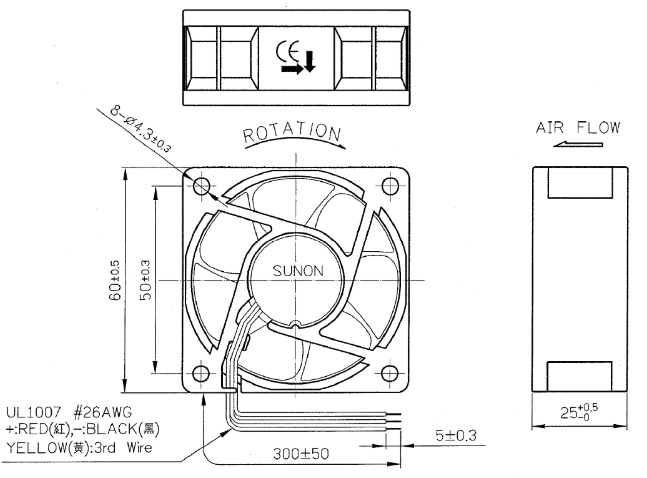 Габаритные размеры Sunon MB60252VX-0000-F99 Габаритные размеры Sunon MB60252VX-0000-F99