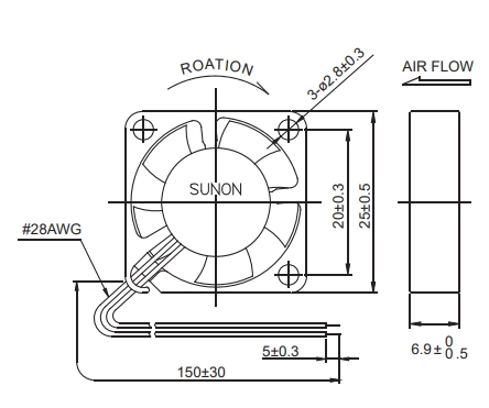Габаритные размеры вентилятора MC25060V1-000U-A99 Sunon