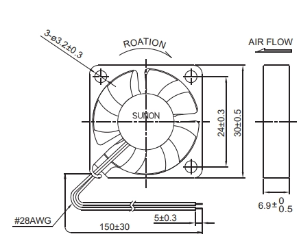Габаритные размеры вентилятора MC30060V1-000U-A99 Sunon Габаритные размеры вентилятора MC30060V1-000U-A99 Sunon
