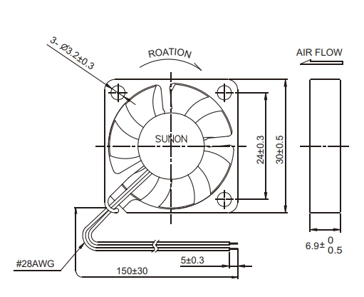 Габаритные размеры вентилятора MC30060V2-0000-A99 Sunon