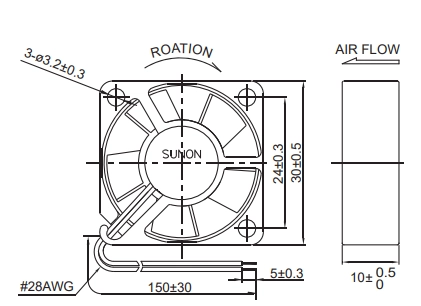 Габаритные размеры вентилятора MC30100V1-000U-A99 Sunon