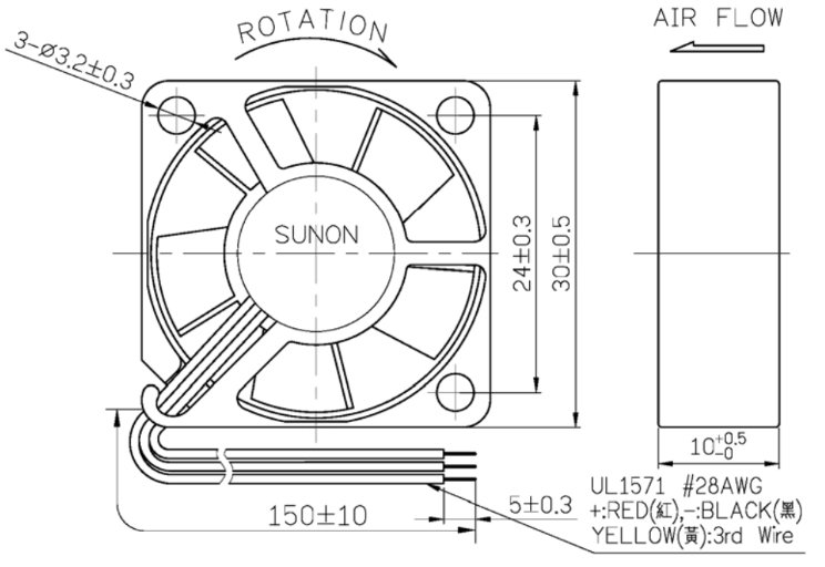Габаритные размеры Sunon MC30100V1-000U-G99 Габаритные размеры Sunon MC30100V1-000U-G99