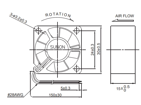 Габаритные размеры вентилятора MC30151V2-000U-A99 Sunon