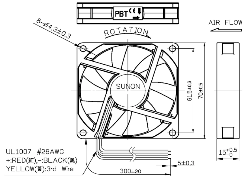 Габаритные размеры вентилятора ME70151V1-000U-G99 Sunon