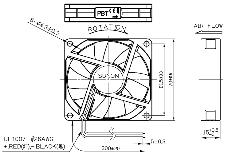 Габаритные размеры Sunon ME70151V1-A99 Габаритные размеры Sunon ME70151V1-A99